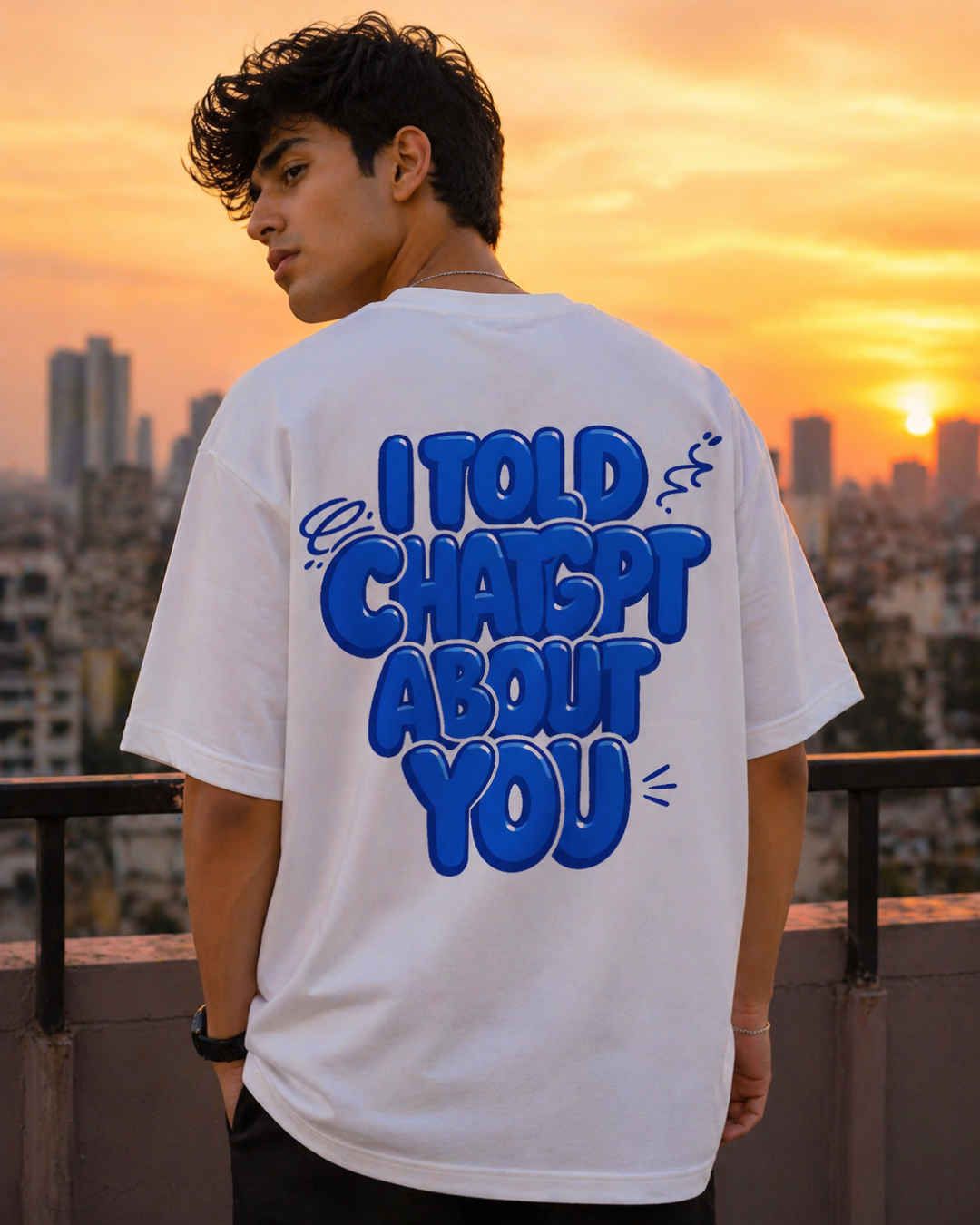 Person wearing a white t-shirt with blue text "I Told ChatGPT About You" at sunset