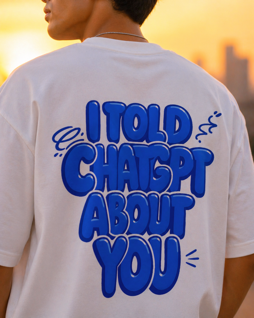 Person wearing a white t-shirt with blue text 'I TOLD CHATGPT ABOUT YOU' against a blurred sunset cityscape.