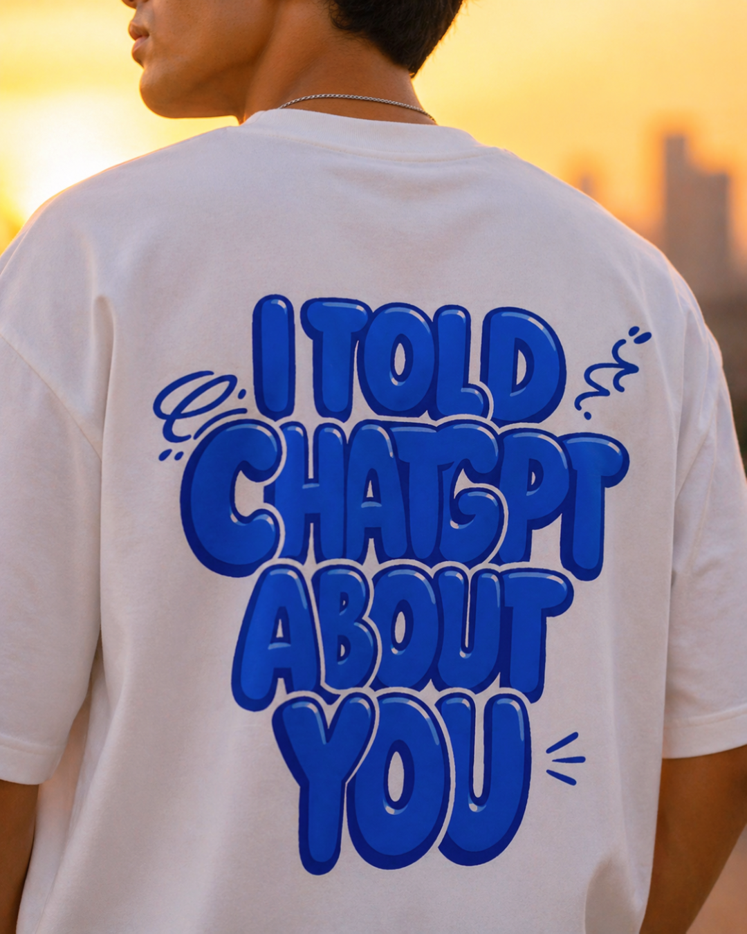 Person wearing a white t-shirt with blue text 'I TOLD CHATGPT ABOUT YOU' against a blurred sunset cityscape.