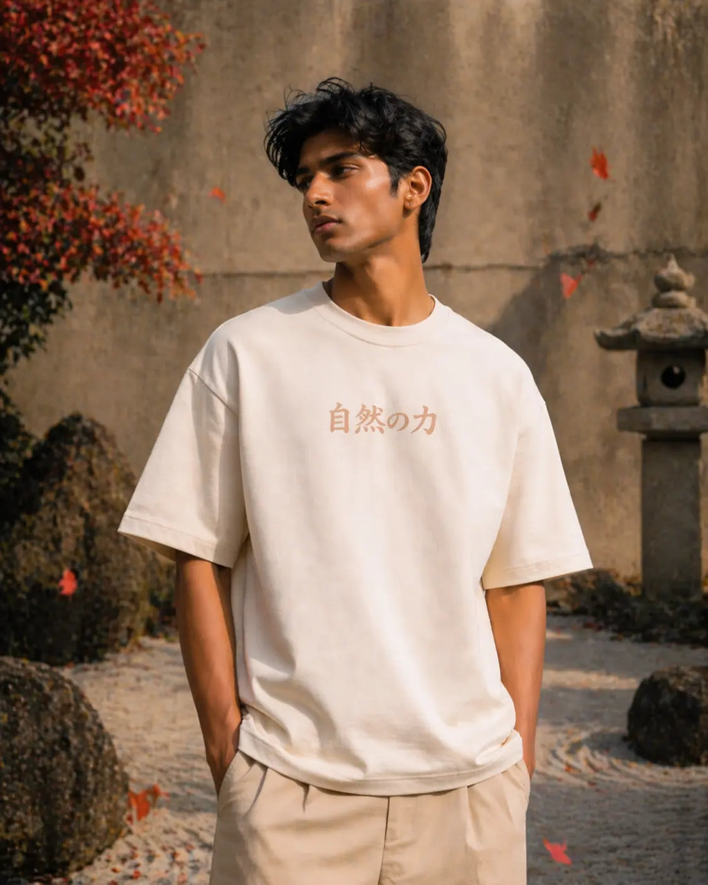 Person wearing a white t-shirt with Japanese text in an outdoor setting