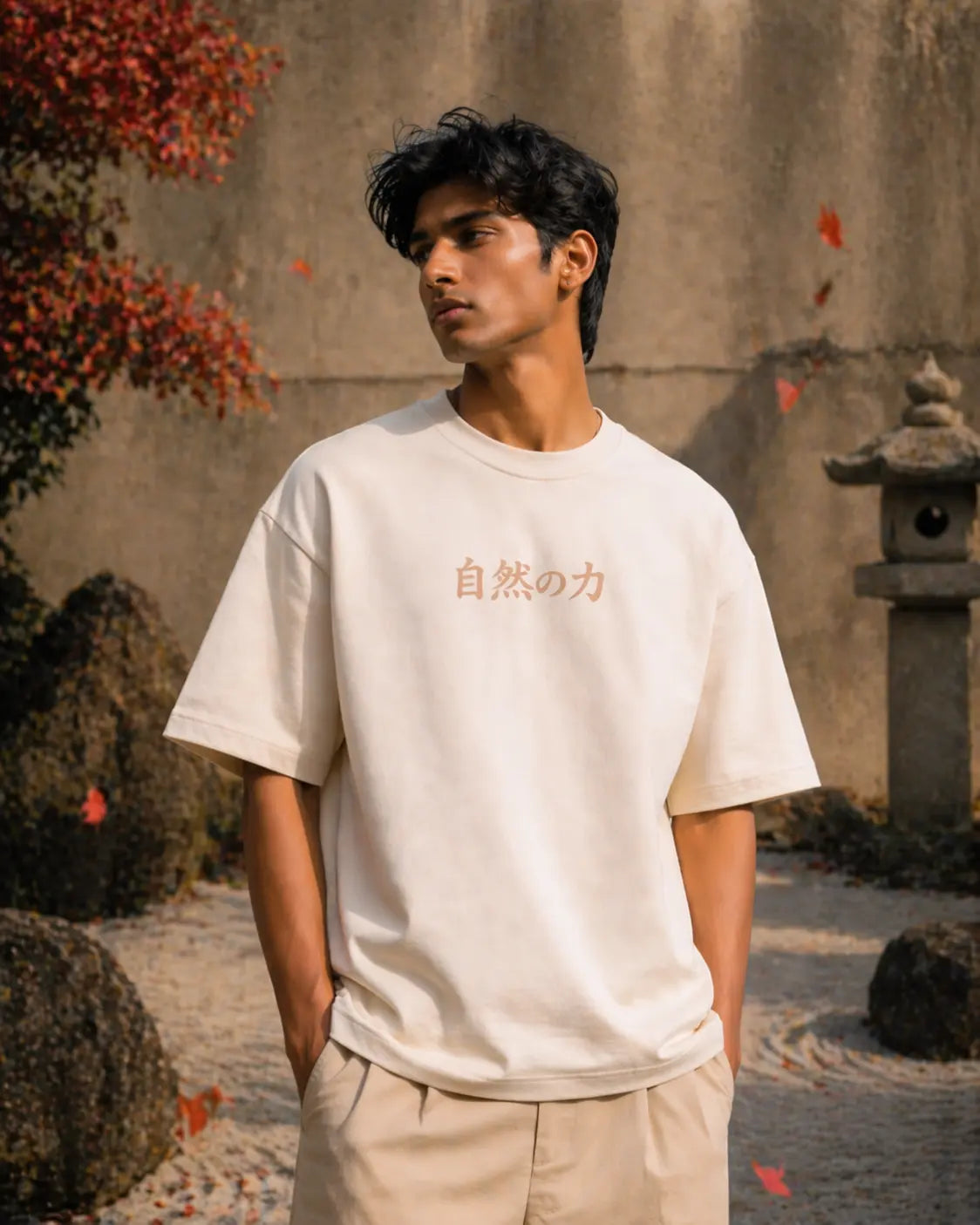 Person wearing a white t-shirt with Japanese text in an outdoor setting