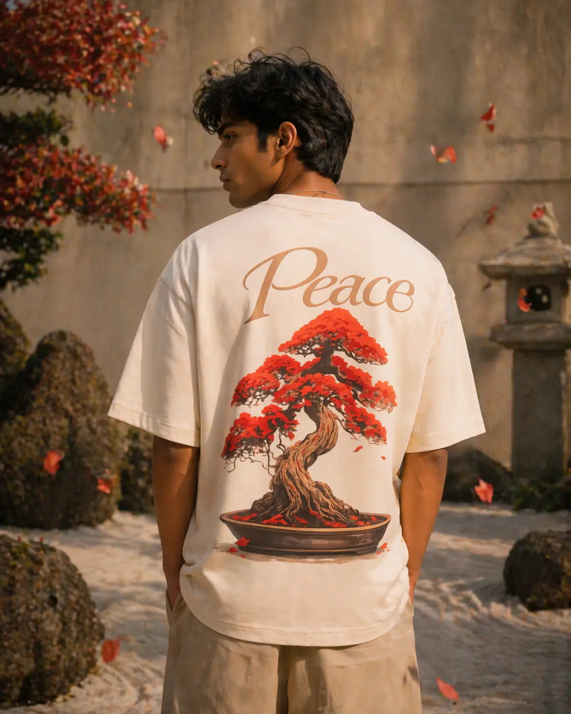 Person wearing a white t-shirt with a bonsai tree design and 'Peace' text in an outdoor setting.