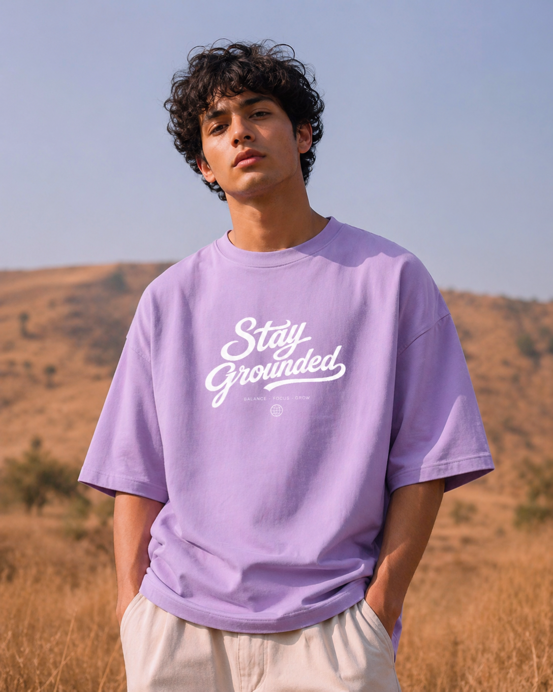 Person wearing a lavender 'Stay Grounded' oversized t-shirt in an outdoor setting