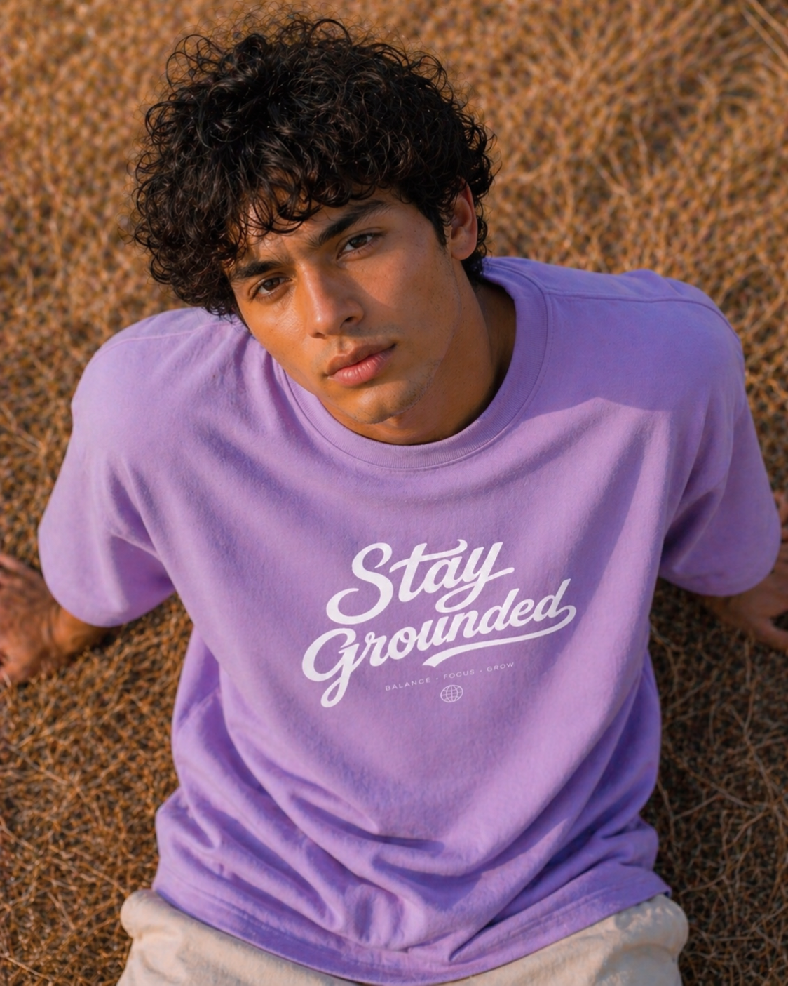 top down shot of a person wearing a lavender 'Stay Grounded' oversized t-shirt on a textured surface
