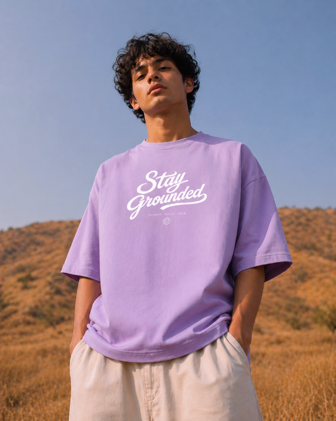 Person wearing a lavender oversized t-shirt with 'Stay Grounded' text, standing in a desert landscape.
