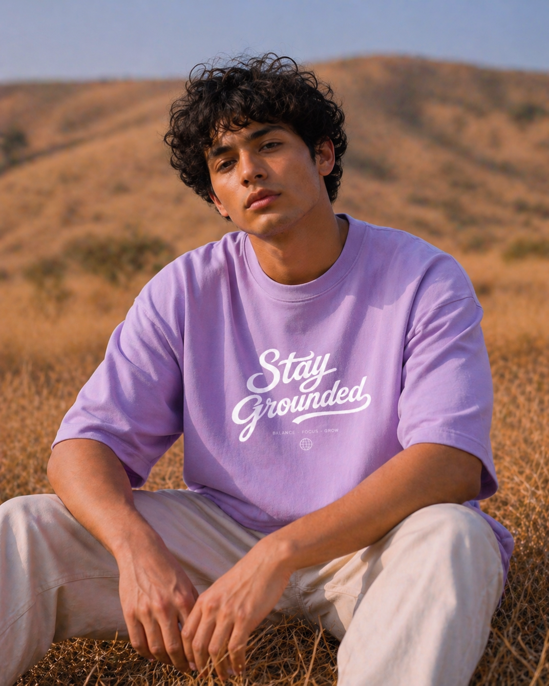 Person wearing a lavender 'Stay Grounded' oversized t-shirt sitting in a desert landscape